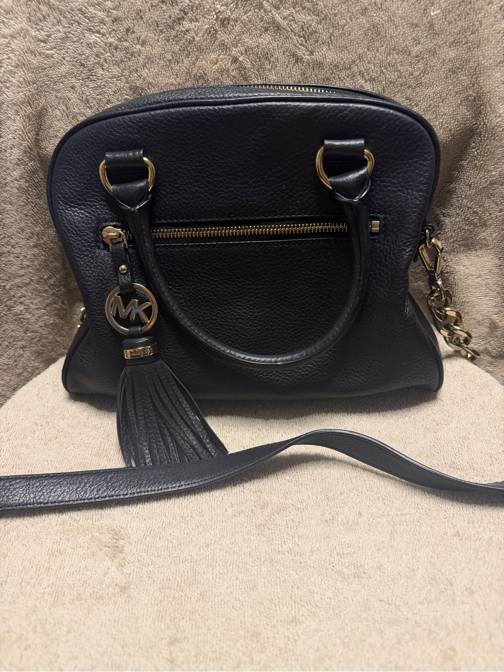 Michael Kors Black Leather Dome Satchel with Tassel and Chain Strap
